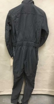 Mens, Jumpsuit, MUTO LITTLE, Graphite Gray, Black, Silver, Nylon, Solid, 38, Ripstop, Zip Front, Zip Pocket, Zip Cuffs with Stitched Trim Detail, Knee Darts, Reflective Silver Piping, Elastic Stirrups, Velcro Waist Belt, Black and Silver Rubber Patch Left Shoulder and Name Badge "Ross" Right Chest