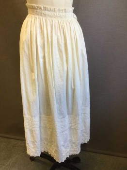 Womens, Apron 1890s-1910s, N/L, Ecru, Cotton, Solid, Half Apron, Tightly Gathered/Pleated at Waist, Many Horizontal 1/4" Pleats at 10" Above Hem, with Floral Eyelet Detail at Hem, Self Ties at Sides with Eyelet Ends, Mends, Tears And Stains