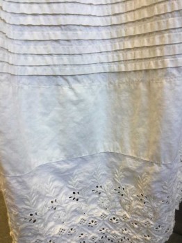 Womens, Apron 1890s-1910s, N/L, Ecru, Cotton, Solid, Half Apron, Tightly Gathered/Pleated at Waist, Many Horizontal 1/4" Pleats at 10" Above Hem, with Floral Eyelet Detail at Hem, Self Ties at Sides with Eyelet Ends, Mends, Tears And Stains