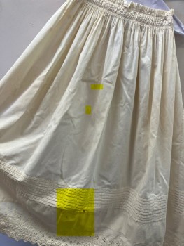 N/L, Ecru, Cotton, Solid, Half Apron, Tightly Gathered/Pleated at Waist, Many Horizontal 1/4" Pleats at 10" Above Hem, with Floral Eyelet Detail at Hem, Self Ties at Sides with Eyelet Ends, Mends, Tears And Stains