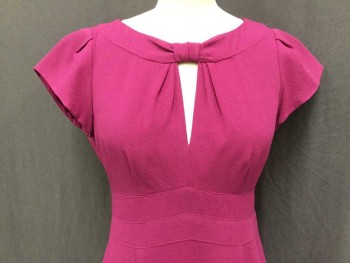 NANETTE LAPORE, Fuchsia Pink, Synthetic, Solid, Fuchsia Texture with Fuchsia Lining, Wide Neck W/bow-like Cut Out "V', Cap Sleeves, 2 Horizontal Seams Waistband, Zip Back , 7 Panel Flair Bottom