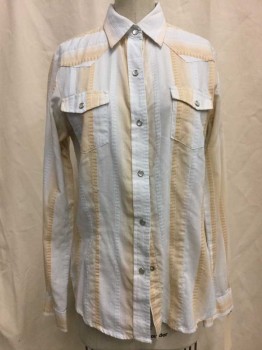 ROPER, White, Beige, Cotton, Polyester, Stripes, White/ Beige Stripe Print & Embroidery, Snap Front, Collar Attached, Long Sleeves, 2 Flap Pockets