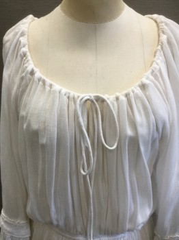 DENIM & SUPPLY, White, Cotton, Solid, Crepe, Drawstring Gathered Scoop Neck, Keyhole Center Front, Raglan 1/2 Sleeves with 2 Tier Ruffle Hem, Elastic Waist, Maxi Dress, High-Low Hem, Tiered Ruffle Hem with Crochet Lace Trim