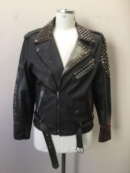 LEATHER LIMITED, Black, Leather, Solid, Punk Motorcycle Jacket, Zip Front, Studded Collar/Shoulders, 4 Pockets, Epaulets, Self Belt, Spray Painted Back:  THE. HARD WAY and Asian Characters, Red/black Spray Painted Rat on Cuff, White Asian Characters Down Right Sleeve