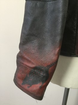 LEATHER LIMITED, Black, Leather, Solid, Punk Motorcycle Jacket, Zip Front, Studded Collar/Shoulders, 4 Pockets, Epaulets, Self Belt, Spray Painted Back:  THE. HARD WAY and Asian Characters, Red/black Spray Painted Rat on Cuff, White Asian Characters Down Right Sleeve