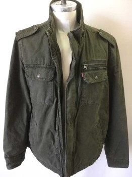LEVI'S, Dk Olive Grn, Cotton, Solid, Zip and Snap Front, Epaulets, Collar with Zipper For Faux Hood, 2 Breast Pockets with Flaps, 2 Pockets For Hands