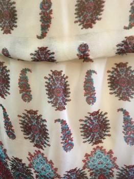 INDULGE, Ecru, Multi-color, Brown, Red Burgundy, Teal Blue, Polyester, Abstract , Paisley/Swirls, Ecru with Abstract Shapes, Paisleys, Chiffon, Stripes/More Colorful Pattern Near Hem, Sleeveless, Scoop Neck, Elastic Waist, Hem Above Knee,  V Shaped at Center Back with 3 Horizontal Straps
