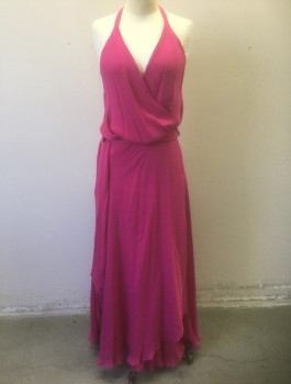 HAUTE HIPPIE, Fuchsia Pink, Viscose, Solid, 3/4" Halter Straps, Surplice V-neck, Elastic Waist, Crossed Strap Detail in Back, Floor Length with Faux Wrap Detail, Belt Loops, **With Matching Fabric Sash Belt