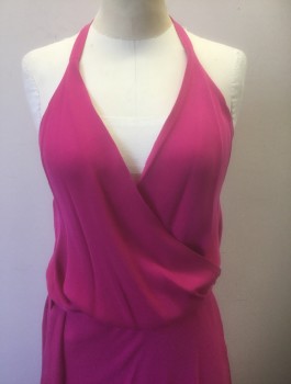 HAUTE HIPPIE, Fuchsia Pink, Viscose, Solid, 3/4" Halter Straps, Surplice V-neck, Elastic Waist, Crossed Strap Detail in Back, Floor Length with Faux Wrap Detail, Belt Loops, **With Matching Fabric Sash Belt