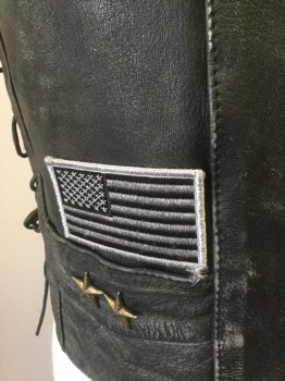 UNIK, Black, Leather, Solid, V-neck, Slit Pockets, Flag Patch, "1" Patch, Metal Stars Pins, Side Lacing, Distressed Leather