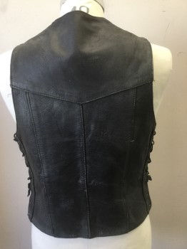 UNIK, Black, Leather, Solid, V-neck, Slit Pockets, Flag Patch, "1" Patch, Metal Stars Pins, Side Lacing, Distressed Leather
