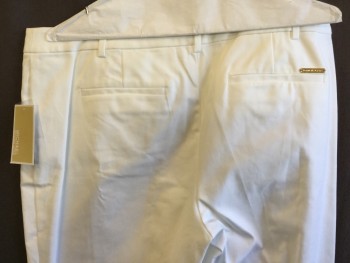 MICHAEL KORS, White, Cotton, Elastane, Solid, 1.5" Waistband with Belt Hoops, Flat Front, Zip Front with 1 Gold Button, 4 Pockets