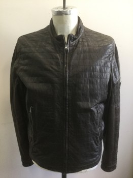 DROMe, Dk Brown, Leather, Solid, Grid Pattern Stitching, Zip Front, Stand Collar, 3 Zip Pockets Including 1 on Sleeve