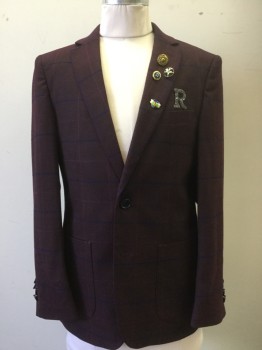 Childrens, Suit Piece 1, ISAAC MIZRAHI NY, Maroon Red, Dk Blue, Raspberry Pink, Polyester, Rayon, Plaid-  Windowpane, C 32", 12, Single Breasted, 2 Buttons,  Notched Lapel, Fancy Buttons Sewn on Left Lapel and 'R', Polka Dot Lining