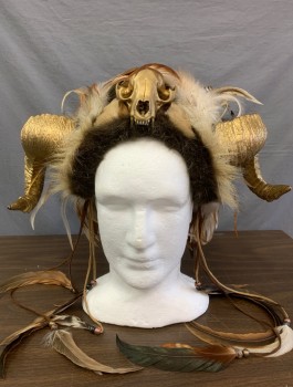 Unisex, Sci-Fi/Fantasy Headpiece, MISS G DESIGNS, Brown, Gold, Beige, Fur, Feathers, Bandeau Style Headpiece Covered in Fur, Large Gold Antlers/Horns at Sides, Gold Painted Animal Skull at Center Front, Curled Pheasant Feathers, Made To Order