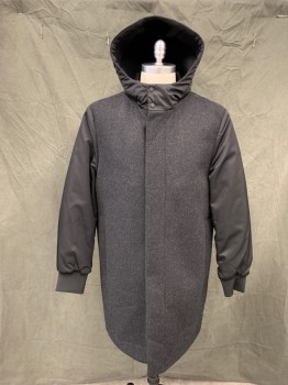 COS, Charcoal Gray, Black, Polyester, Wool, Color Blocking, Heather Charcoal Body, Black Polyester Satin Sleeves/Hood, Zip Front with Snap Placket, 2 Pockets, Attached Hood, Long Sleeves, Ribbed Knit Cuff, Foam Fill with Mesh Lining, Thigh Length