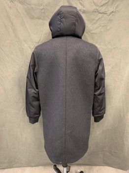 COS, Charcoal Gray, Black, Polyester, Wool, Color Blocking, Heather Charcoal Body, Black Polyester Satin Sleeves/Hood, Zip Front with Snap Placket, 2 Pockets, Attached Hood, Long Sleeves, Ribbed Knit Cuff, Foam Fill with Mesh Lining, Thigh Length