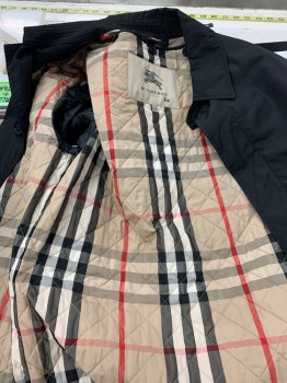 BURBERRY, Black, Polyester, Solid, Single Breasted, Collar Attached, 2 Pockets, Removable Liner-beige, Red Black Plaid, 2-PC