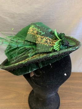 Womens, Historical Fiction Hat, N/L MTO, Forest Green, Black, Gold, Wool, Silk, Solid, Floral, Plush Felt, Fedora-like Shape, Floral Brocade Band with Gold Metallic Trim, Green Feathers, Made To Order, Victorian, Matching Outfit See FC044363