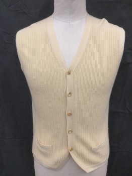 TSE, Butter Yellow, Cashmere, Solid, Ribbed Knit Front, Button Front, Ribbed Knit Back Waistband, 2 Faux Pockets