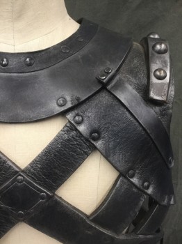 Mens, Harness, JUDIANNA MAKOVSKY, Black, Silver, Leather, Metallic/Metal, Solid, XXL, Black/Silver Leather, Round Studded Collar, Criss Cross Panel, Lace/Tie Sides, Metal Shoulder Panels, Velcro Back Closure, Snap Back Waist, Padded