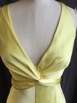 BCBG, Yellow, Silk, Polyester, Solid, Deep V-neck with Gathered & Twisted Work Into Waist Belt, Triangle Cut-out Criss-cross, Loop Through Back, Side Zip