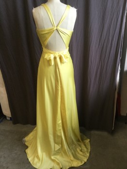 BCBG, Yellow, Silk, Polyester, Solid, Deep V-neck with Gathered & Twisted Work Into Waist Belt, Triangle Cut-out Criss-cross, Loop Through Back, Side Zip