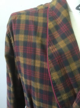 PAUL STUART, Red, Sunflower Yellow, Faded Black, Cotton, Wool, Plaid-  Windowpane, Self Belt, 2 Pockets, Red Piping on Shawl Collar, Cuffs on Sleeves
