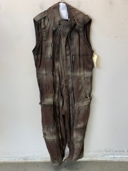 Mens, Jumpsuit, MTO, Dk Brown, Khaki Brown, Cotton, Mottled, 44, Flight Suit, Sleeveless, 2  Zip Front, Multi Zip Pockets, Collar Attached, Aged/Distressed,  Epaulets,