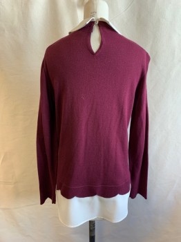 TED BAKER, Red Burgundy, Poly/Cotton, Silk, Knit Solid Sweater, Faux White Collar, Cuff, & Under Shirt, Gold & Clear Rhinestones on Collar, Key Hole Back