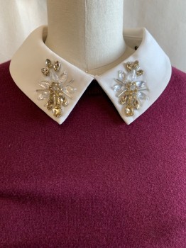 Womens, Pullover, TED BAKER, Red Burgundy, Poly/Cotton, Silk, I, Knit Solid Sweater, Faux White Collar, Cuff, & Under Shirt, Gold & Clear Rhinestones on Collar, Key Hole Back