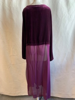 Womens, Top, EILEEN FISHER, Plum Purple, Rayon, Silk, Solid, S, Velvet, Round Neck,  Long Sleeves, Long Sheer Silk Front & Back with Side Slits