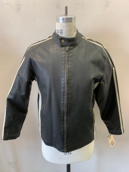 Mens, Leather Jacket, STEVE BARRY, Black, Ecru, Leather, Solid, Stripes, M, Zip Front, Collar Band, 2 Zip Pockets