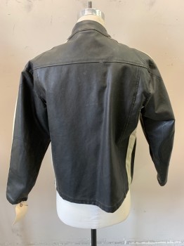 Mens, Leather Jacket, STEVE BARRY, Black, Ecru, Leather, Solid, Stripes, M, Zip Front, Collar Band, 2 Zip Pockets