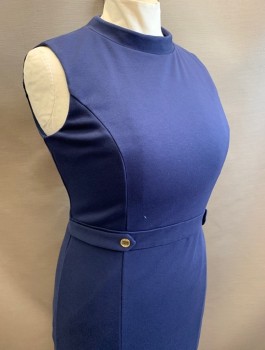 Womens, Dress, Sleeveless, ELLEN TRACY, Navy Blue, Polyester, Rayon, Solid, B 40, Sz.14, W 34, Double Knit Jersey, Mock Neck, Self Attached Belt Detail at Waist with Gold Button at Either Side, Knee Length, Invisible Zipper in Back
