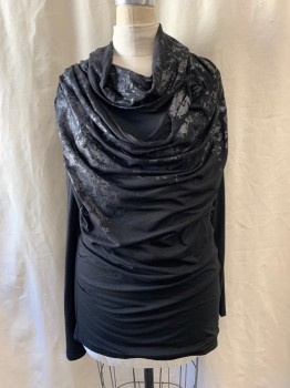 Womens, Blouse, H2H, Black, Polyester, Rayon, S, Cowl Neckline, Pullover, Black Glitter Cracked Look Sections on Top Half, Long Sleeves