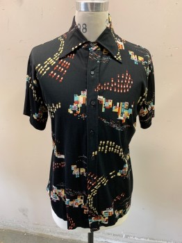 Mens, Casual Shirt, HUKAP, Black, Multi-color, Nylon, Novelty Pattern, Abstract , N17, Short Sleeves, Button Front, 7 Buttons,