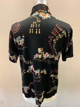 Mens, Casual Shirt, HUKAP, Black, Multi-color, Nylon, Novelty Pattern, Abstract , N17, Short Sleeves, Button Front, 7 Buttons,