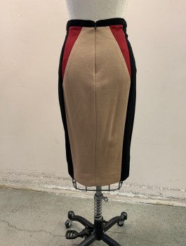 Womens, Skirt, Below Knee, Jason Wu, Beige, Black, Red Burgundy, Rayon, Nylon, Color Blocking, 25, Zipper Back, Double Knit, Beige Front and Back Panels with Black Side Panels and Burgundy Inset Triangles