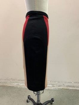 Womens, Skirt, Below Knee, Jason Wu, Beige, Black, Red Burgundy, Rayon, Nylon, Color Blocking, 25, Zipper Back, Double Knit, Beige Front and Back Panels with Black Side Panels and Burgundy Inset Triangles