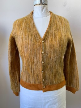 Womens, Sweater, NO LABEL, Mustard Yellow, Ochre Brown-Yellow, Cream, Lt Brown, Wool, Stripes - Vertical , 40, Knit, Cardigan, V-neck, Single Breasted, Button Front, Pearl Buttons, Long Sleeves, Burnt Orange Rib Knit Waist & Cuffs
