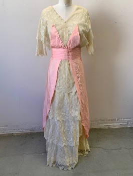 Womens, Dress 1890s-1910s, N/L, Lt Pink, Ecru, Silk, Solid, Floral, W:26, B:34, H:36, Ecru Sheer Lace and Light Pink Silk, 2 Triangular Opaque Silk Panels at Chest, V-neck, Tiny Silver Gemstones Along Neck, Short Sleeves with Caped Over-Sleeve, Tiered Skirt with Scallopped Edges, Hook & Eyes in Back,