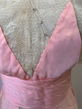 Womens, Dress 1890s-1910s, N/L, Lt Pink, Ecru, Silk, Solid, Floral, W:26, B:34, H:36, Ecru Sheer Lace and Light Pink Silk, 2 Triangular Opaque Silk Panels at Chest, V-neck, Tiny Silver Gemstones Along Neck, Short Sleeves with Caped Over-Sleeve, Tiered Skirt with Scallopped Edges, Hook & Eyes in Back,