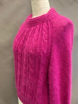 Womens, Sweater, ADLINULLER, Fuchsia Pink, Metallic, Wool, Cable Knit, L, Glitter Infused Knit, Long Poufy Raglan Sleeves with Tapered Cuffs, Round Neck, Pullover, Rib Knit Waistband,