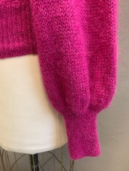 Womens, Sweater, ADLINULLER, Fuchsia Pink, Metallic, Wool, Cable Knit, L, Glitter Infused Knit, Long Poufy Raglan Sleeves with Tapered Cuffs, Round Neck, Pullover, Rib Knit Waistband,