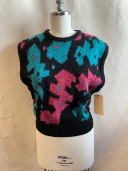 Womens, Vest, CAMELA, Black, Turquoise Blue, Pink, Mohair, Acrylic, Abstract , B 40, Crew Neck, Pullover,