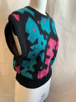 Womens, Vest, CAMELA, Black, Turquoise Blue, Pink, Mohair, Acrylic, Abstract , B 40, Crew Neck, Pullover,