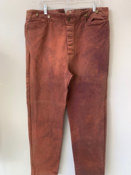 Mens, Historical Fiction Pants, AMERICAN COSTUME, Red, Brown, Cotton, Mottled, 40/36, Button Fly,  Suspender Buttons, 3 Pockets, Self Belt Tab Back, Aged, 1800's
