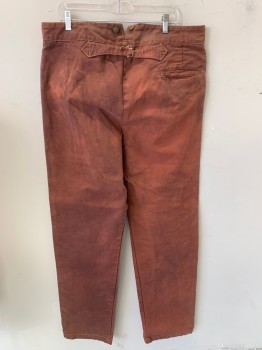 Mens, Historical Fiction Pants, AMERICAN COSTUME, Red, Brown, Cotton, Mottled, 40/36, Button Fly,  Suspender Buttons, 3 Pockets, Self Belt Tab Back, Aged, 1800's