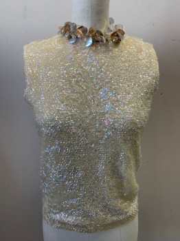 Womens, Top, N/L, Cream, Clear, Silver, Gold, Wool, Sequins, B 34, S, Clear Sequins on Sleeveless Knit, Paillettes and Beads at Neck, Center Back Metal Zipper, Lined